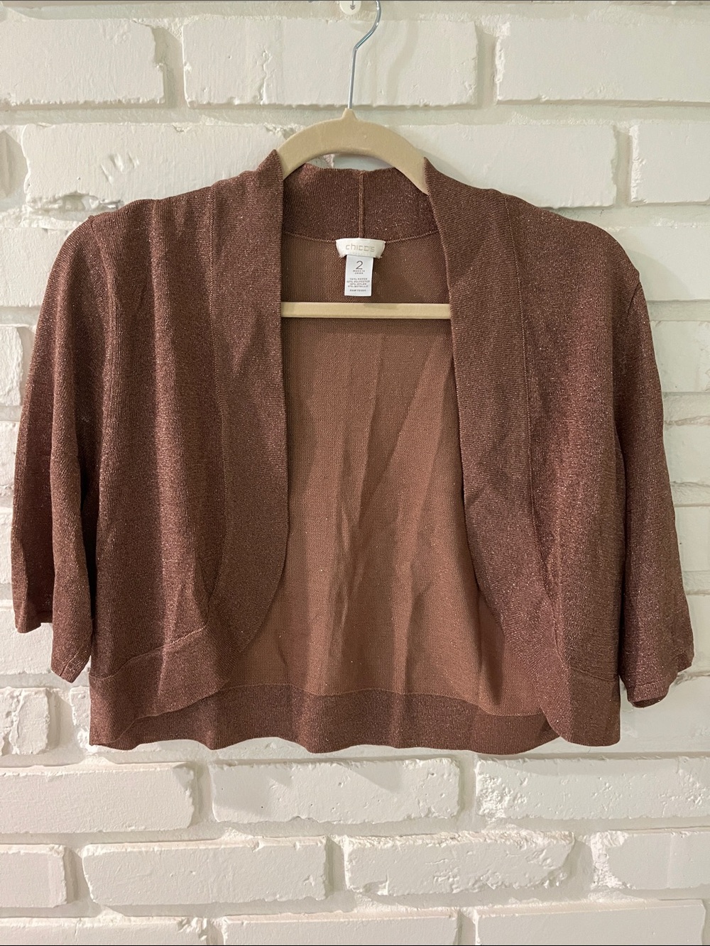 Chico's Shimmery Rose-Brown Cropped Open-Front Cardigan